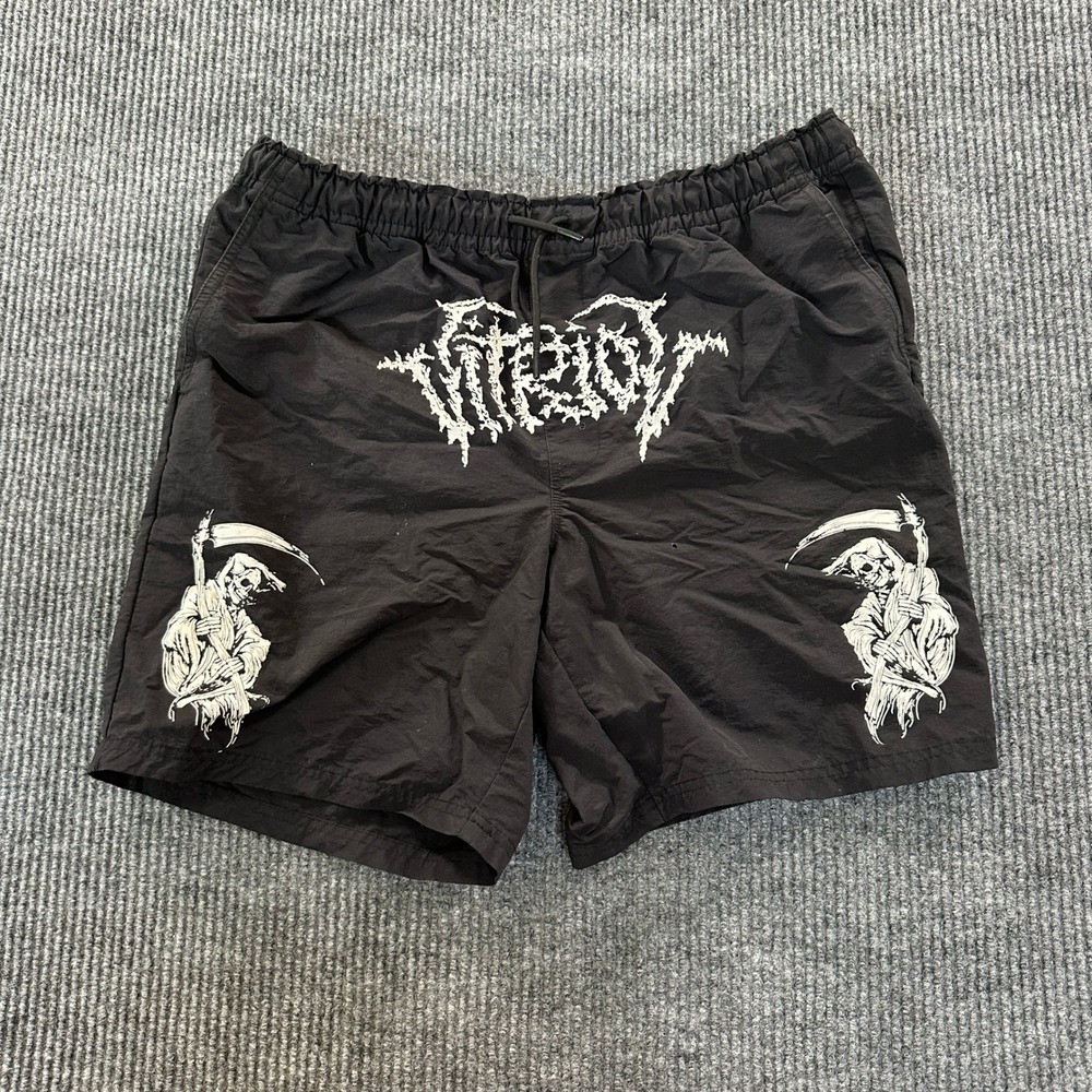 Vitriol Mens Large Black Nylon Graphic Shorts Grim Reaper Death Metal Streetwear